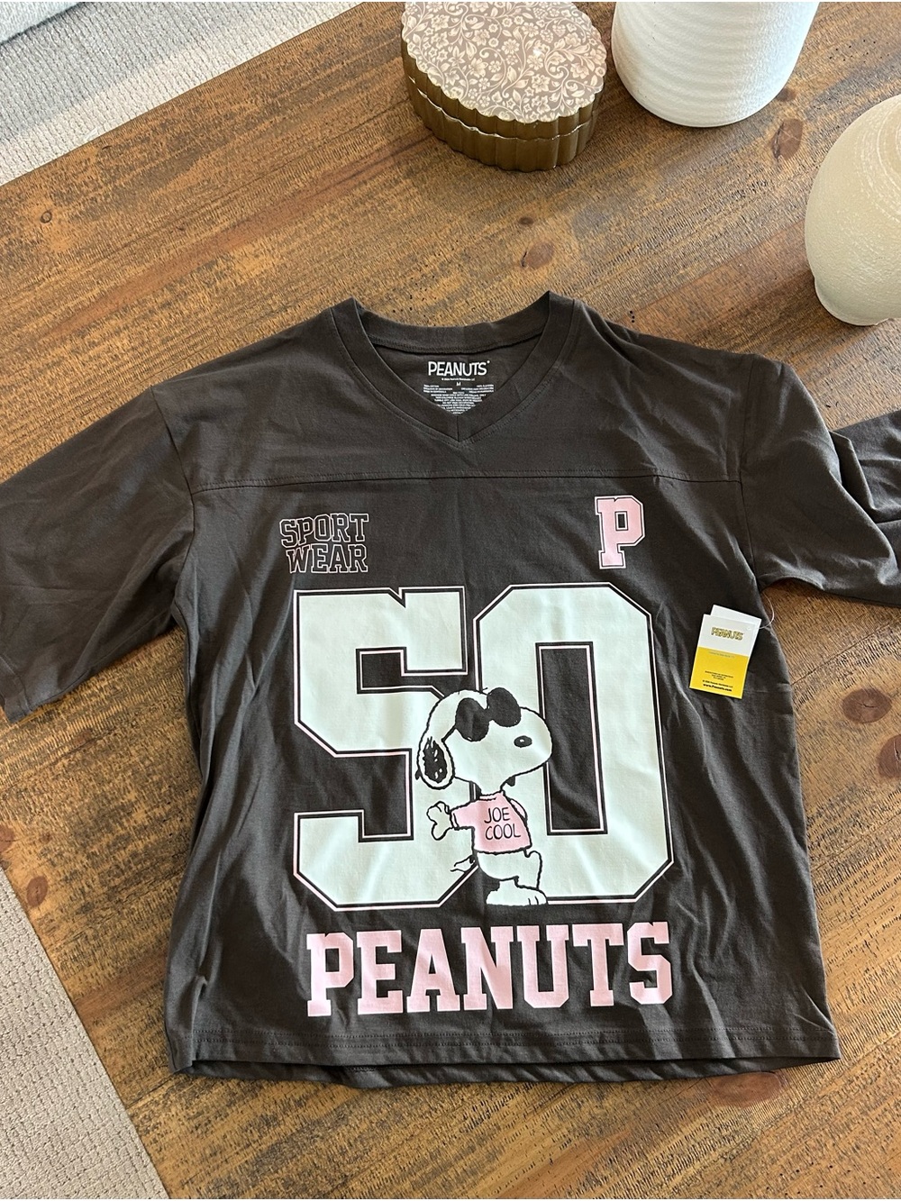 Peanuts Brown Joe Cool Graphic Tee with Pink & White Accents